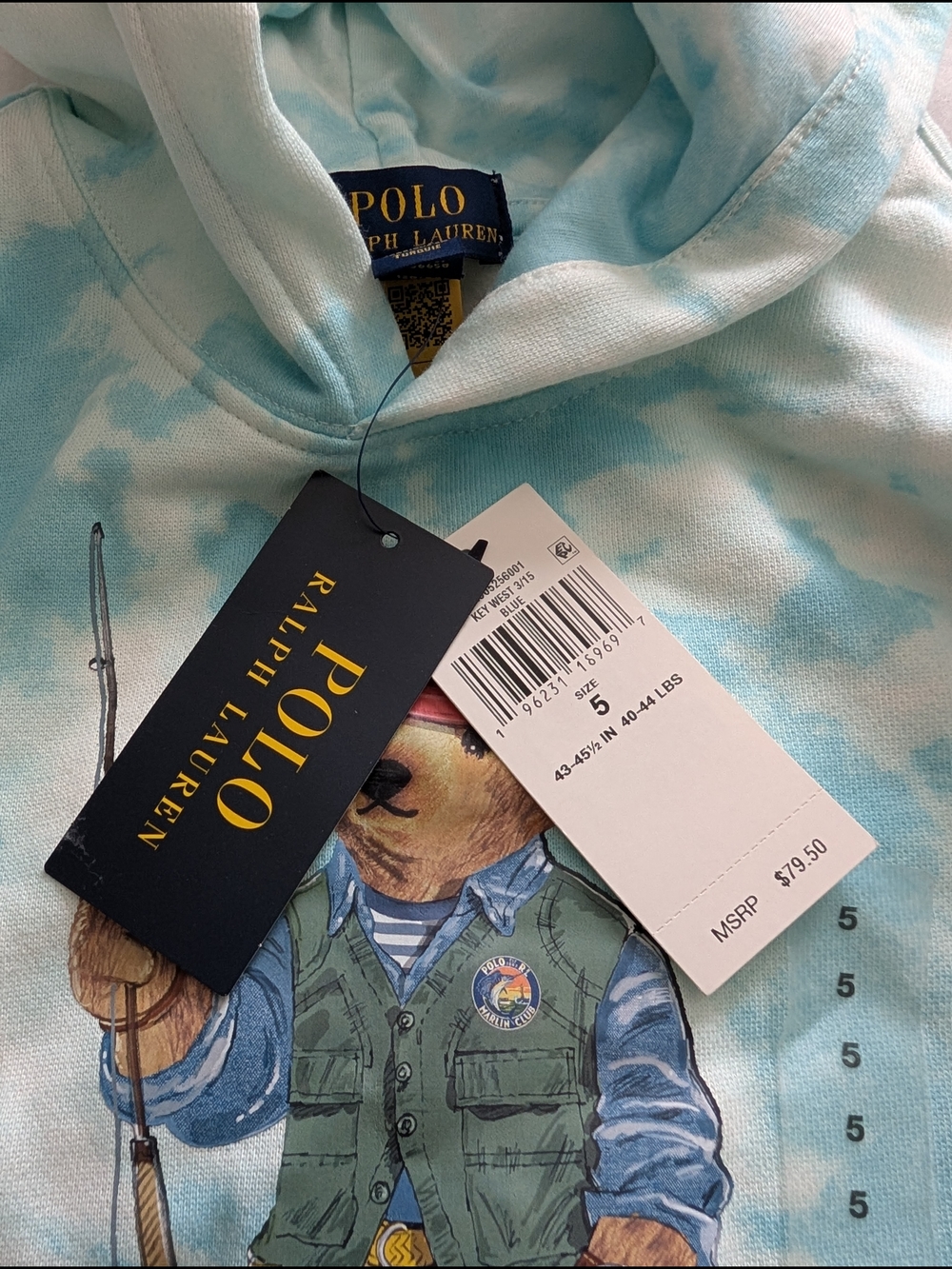 Ralph Lauren Kids Polo Bear Hoodie in Light Blue and White Tie-Dye - Picture 2 of 12